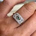 Vintage Two Tone Round Cut Emerald & White Sapphire Engagement Rings