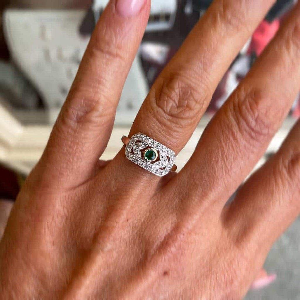Vintage Two Tone Round Cut Emerald & White Sapphire Engagement Rings