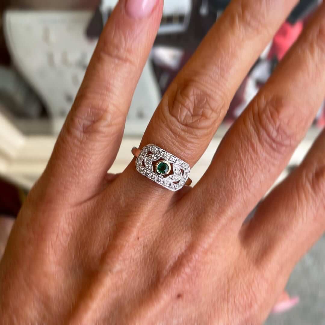 Vintage Two Tone Round Cut Emerald & White Sapphire Engagement Rings