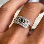 Vintage Two Tone Round Cut Emerald & White Sapphire Engagement Rings