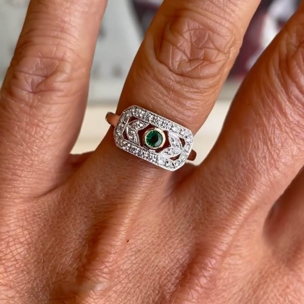 Vintage Two Tone Round Cut Emerald & White Sapphire Engagement Rings