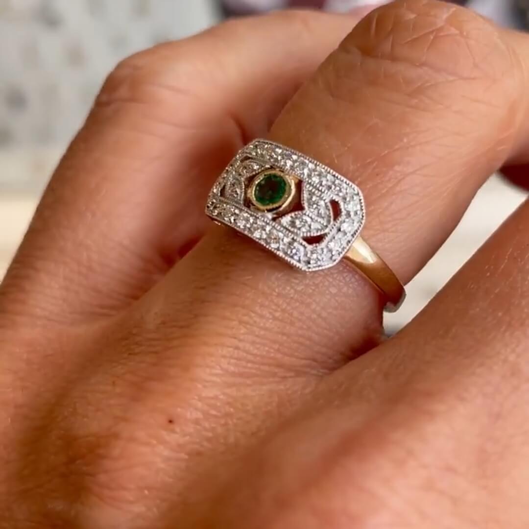 Vintage Two Tone Round Cut Emerald & White Sapphire Engagement Rings