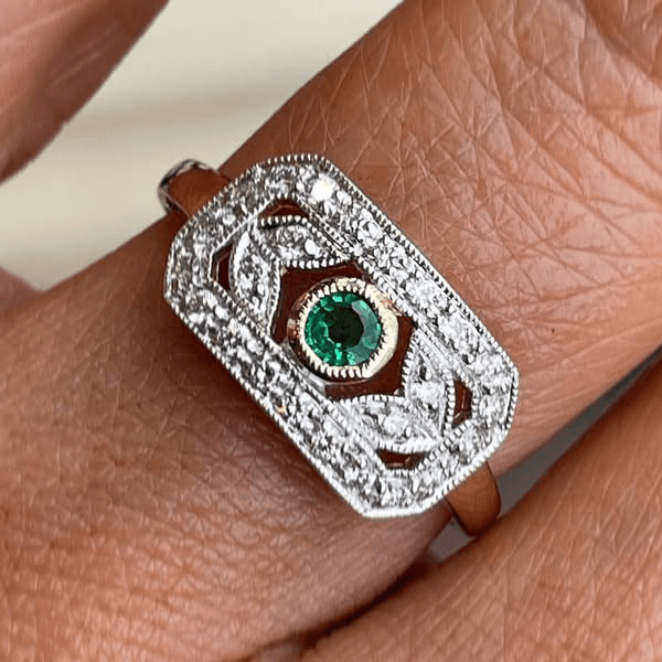 Vintage Two Tone Round Cut Emerald & White Sapphire Engagement Rings