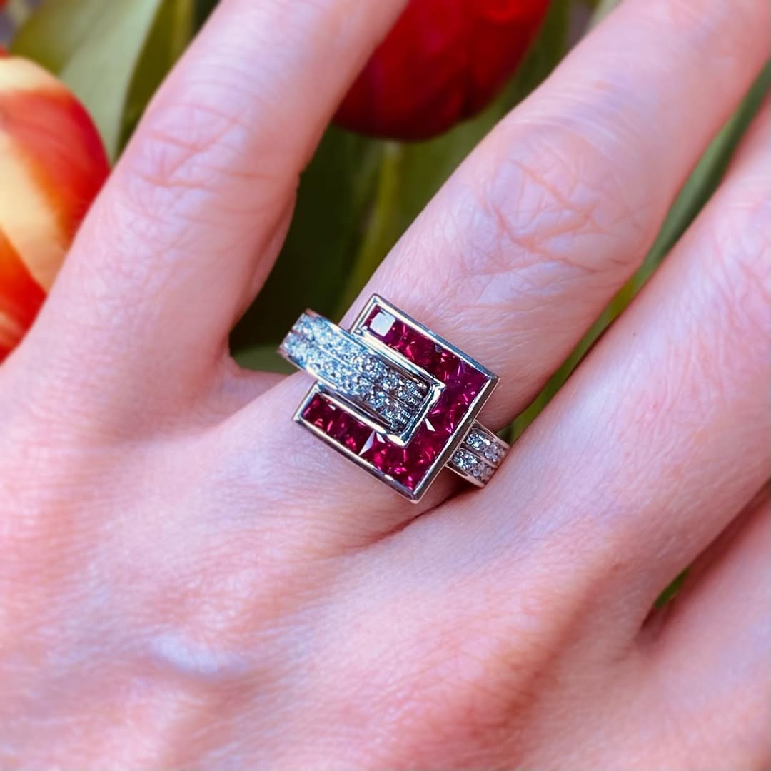 Luxury Jewelry Art Deco Asscher & Round Cut Ruby & White Sapphire Engagement Ring