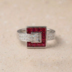 Luxury Jewelry Art Deco Asscher & Round Cut Ruby & White Sapphire Engagement Ring