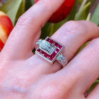 Luxury Jewelry Art Deco Asscher & Round Cut Ruby & White Sapphire Engagement Ring