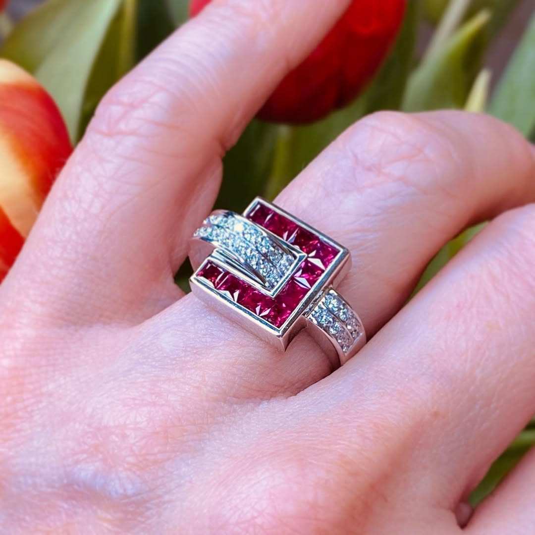 Luxury Jewelry Art Deco Asscher & Round Cut Ruby & White Sapphire Engagement Ring