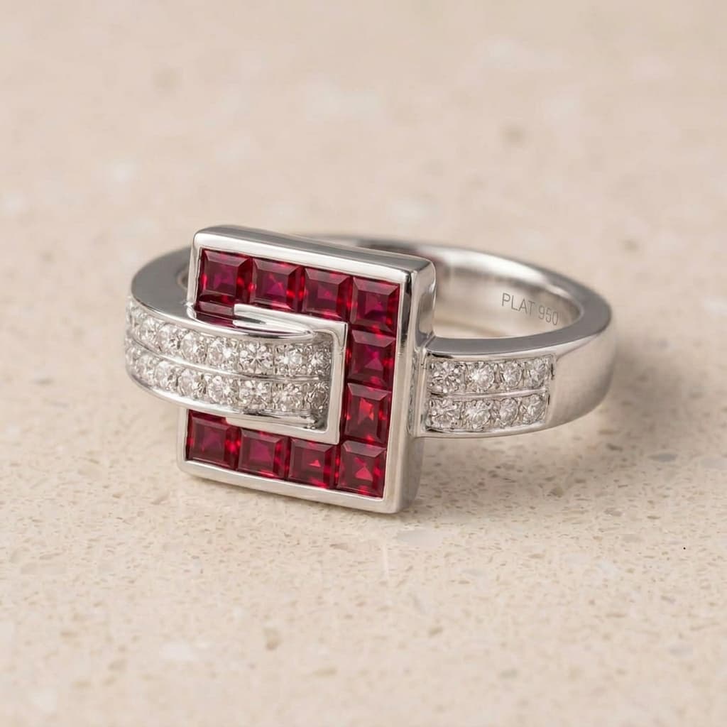 Luxury Jewelry Art Deco Asscher & Round Cut Ruby & White Sapphire Engagement Ring
