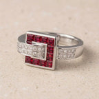 Luxury Jewelry Art Deco Asscher & Round Cut Ruby & White Sapphire Engagement Ring