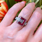 Luxury Jewelry Art Deco Asscher & Round Cut Ruby & White Sapphire Engagement Ring