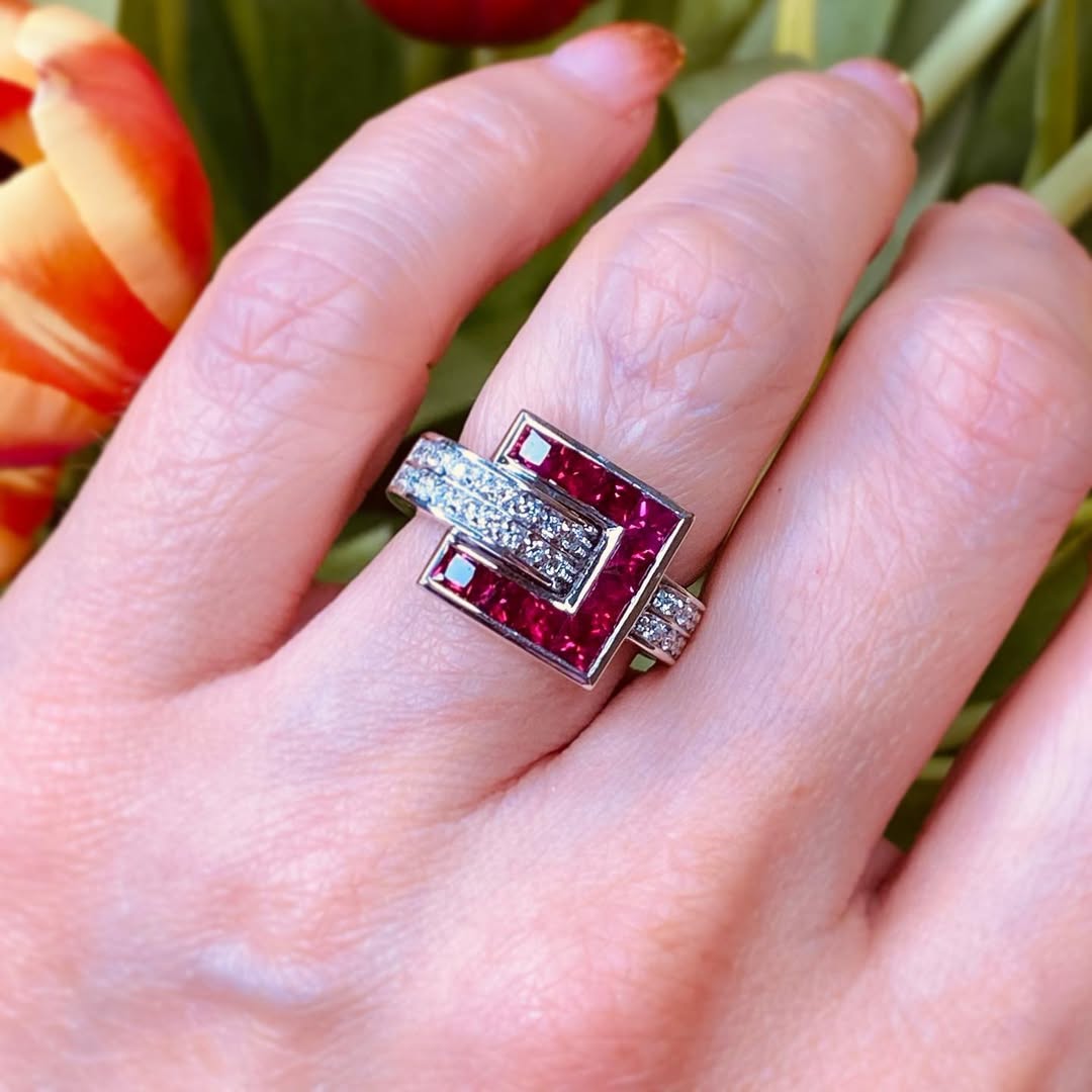 Luxury Jewelry Art Deco Asscher & Round Cut Ruby & White Sapphire Engagement Ring