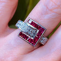 Luxury Jewelry Art Deco Asscher & Round Cut Ruby & White Sapphire Engagement Ring