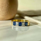 Classic Vintage Golden Bezel Emerald & Radiant Cut Blue & White Sapphire Half Eternity Wedding Band