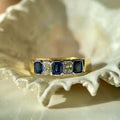 Classic Vintage Golden Bezel Emerald & Radiant Cut Blue & White Sapphire Half Eternity Wedding Band