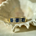 Classic Vintage Golden Bezel Emerald & Radiant Cut Blue & White Sapphire Half Eternity Wedding Band