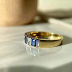 Classic Vintage Golden Bezel Emerald & Radiant Cut Blue & White Sapphire Half Eternity Wedding Band