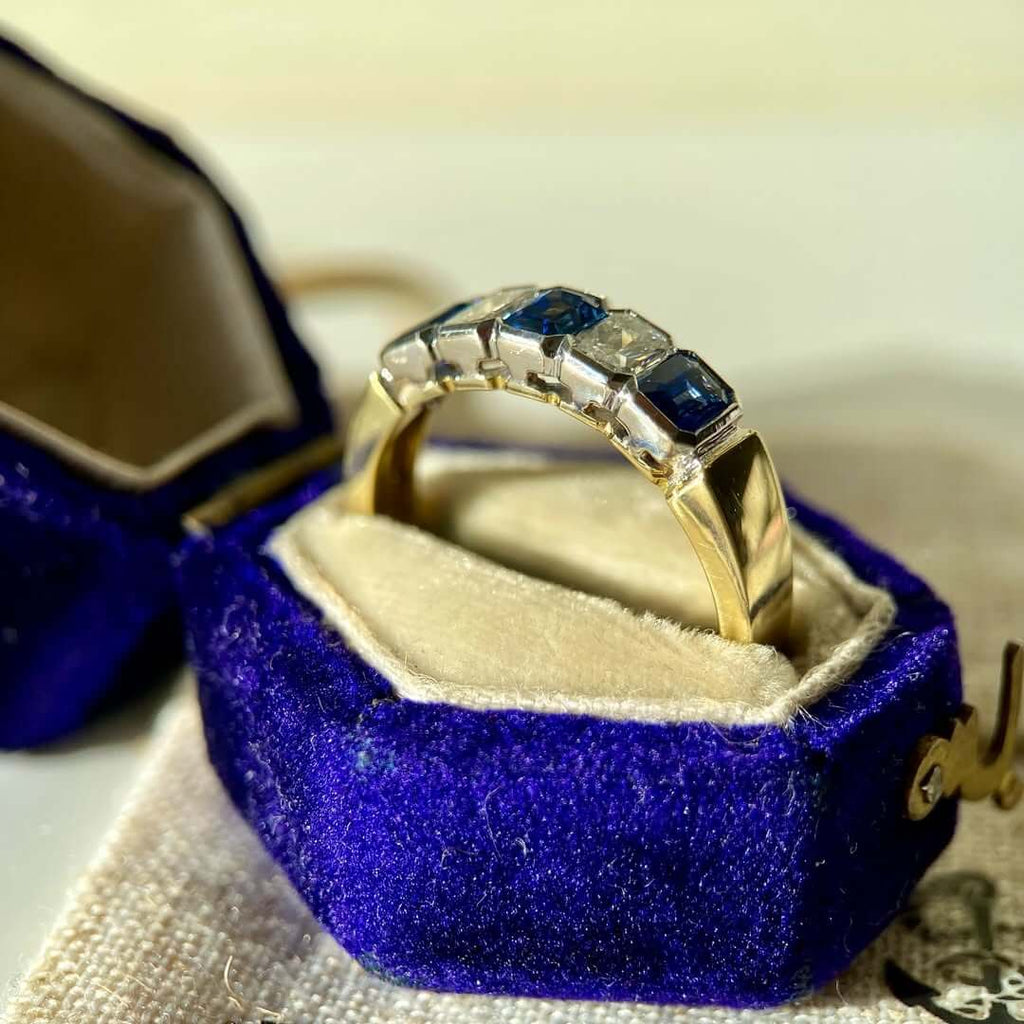 Classic Vintage Golden Bezel Emerald & Radiant Cut Blue & White Sapphire Half Eternity Wedding Band