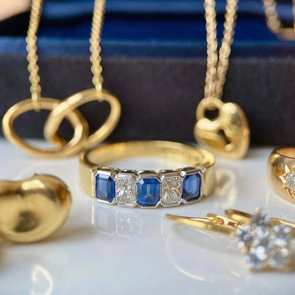 Classic Vintage Golden Bezel Emerald & Radiant Cut Blue & White Sapphire Half Eternity Wedding Band