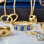 Classic Vintage Golden Bezel Emerald & Radiant Cut Blue & White Sapphire Half Eternity Wedding Band
