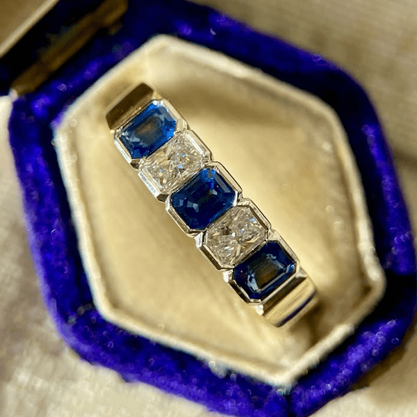 Classic Vintage Golden Bezel Emerald & Radiant Cut Blue & White Sapphire Half Eternity Wedding Band