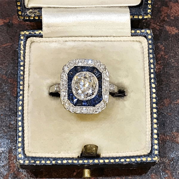 Art Deco Halo Cluster Cushion Cut White Sapphire Engagement Ring