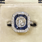 Art Deco Halo Cluster Cushion Cut White Sapphire Engagement Ring