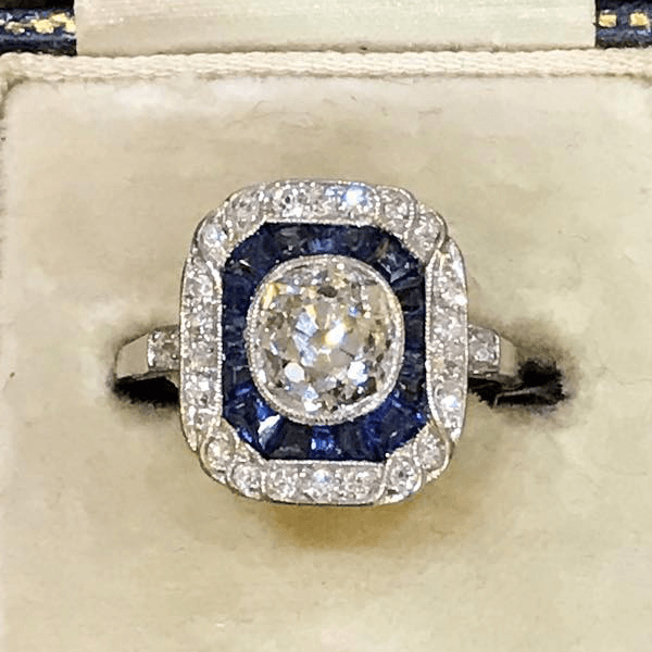 Art Deco Halo Cluster Cushion Cut White Sapphire Engagement Ring