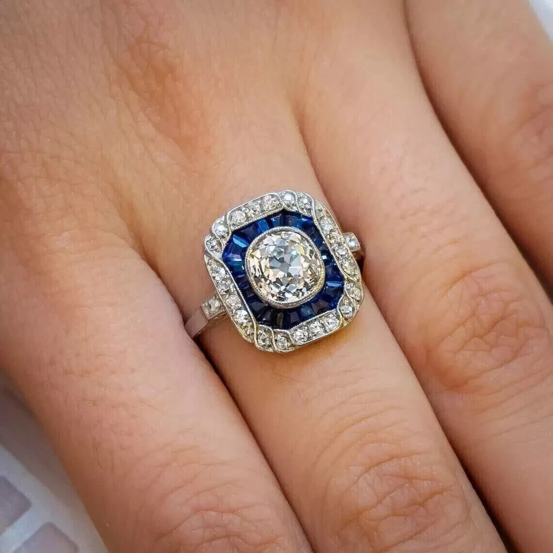 Art Deco Halo Cluster Cushion Cut White Sapphire Engagement Ring
