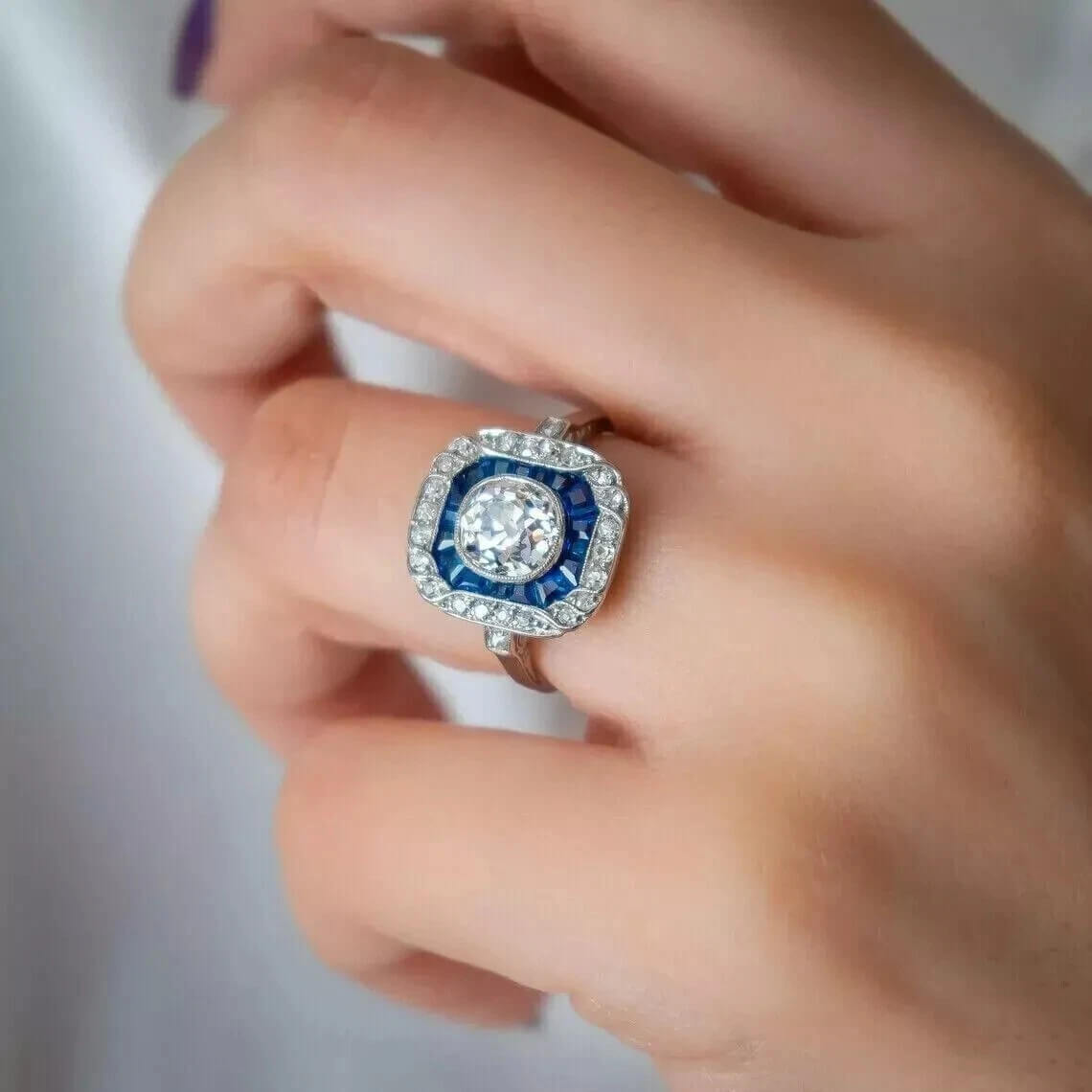 Art Deco Halo Cluster Cushion Cut White Sapphire Engagement Ring
