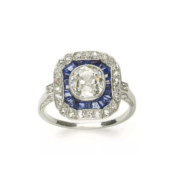 Art Deco Halo Cluster Cushion Cut White Sapphire Engagement Ring