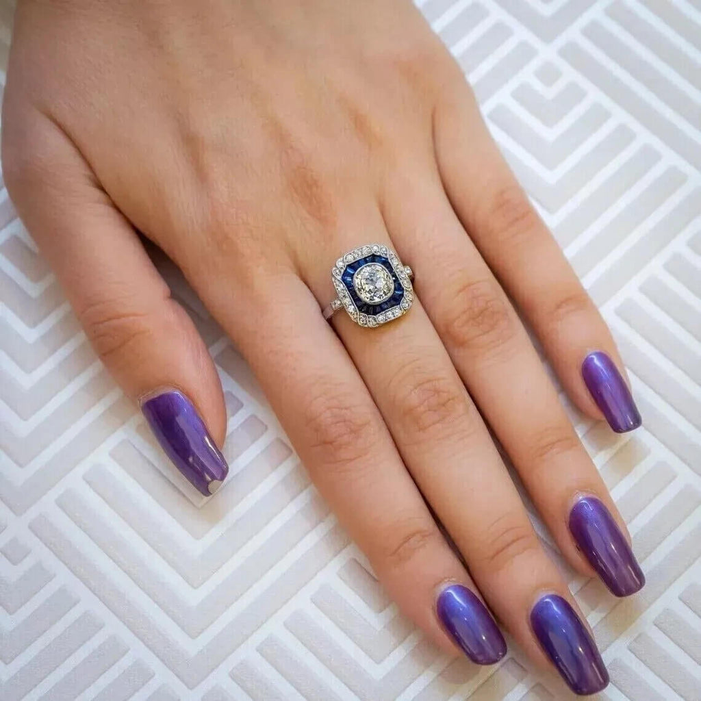Art Deco Halo Cluster Cushion Cut White Sapphire Engagement Ring