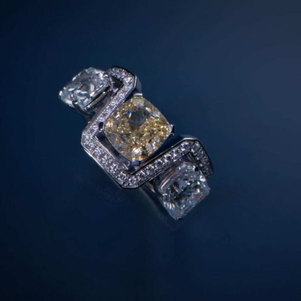 Luxury Jewelry Unique Design Two Tone Radiant Cut Yellow & White Sapphire Wedding Band