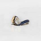 Luxury Jewelry Two Tone Unique Design Pave Setting Pear Cut White & Blue Sapphire Engagement Rings