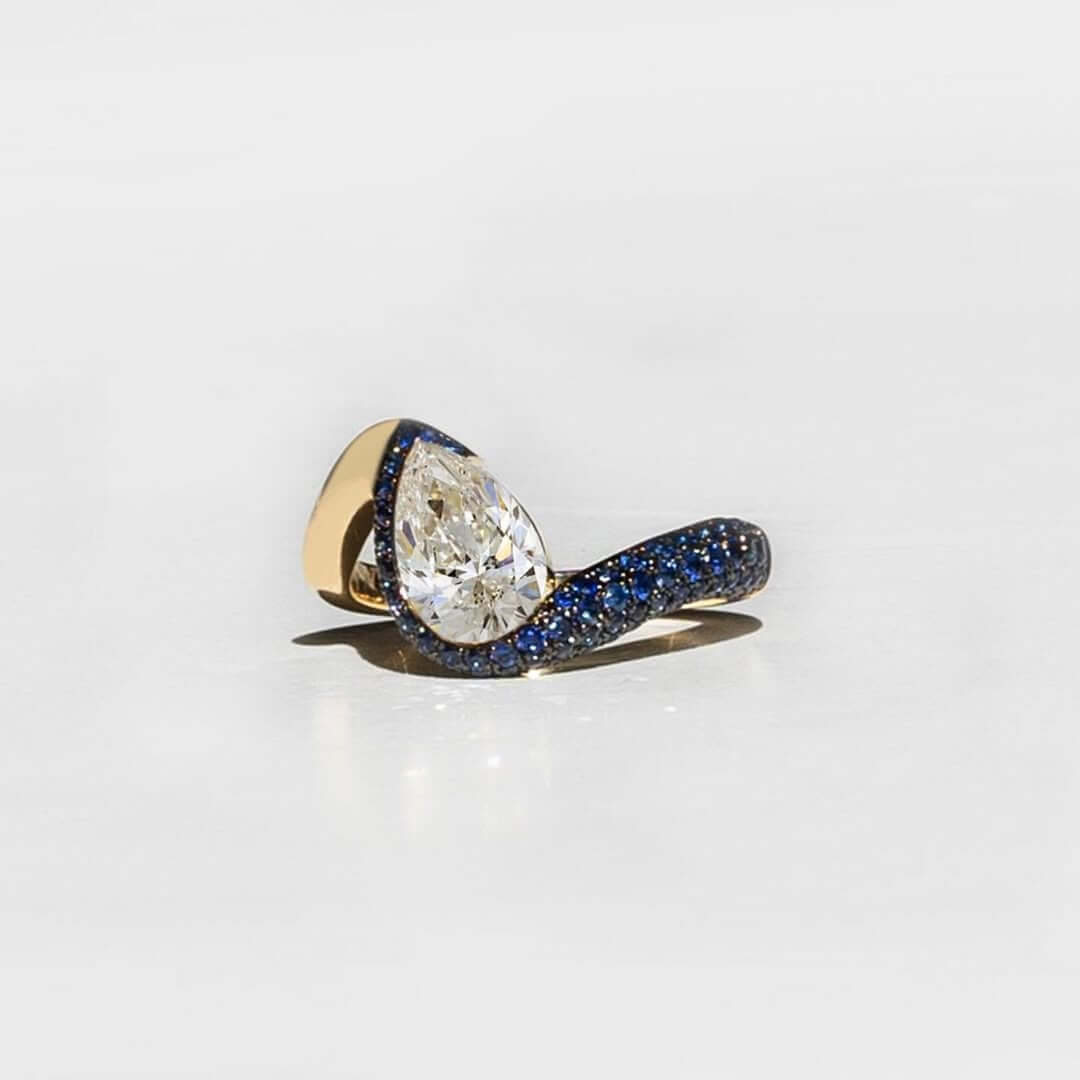Luxury Jewelry Two Tone Unique Design Pave Setting Pear Cut White & Blue Sapphire Engagement Rings