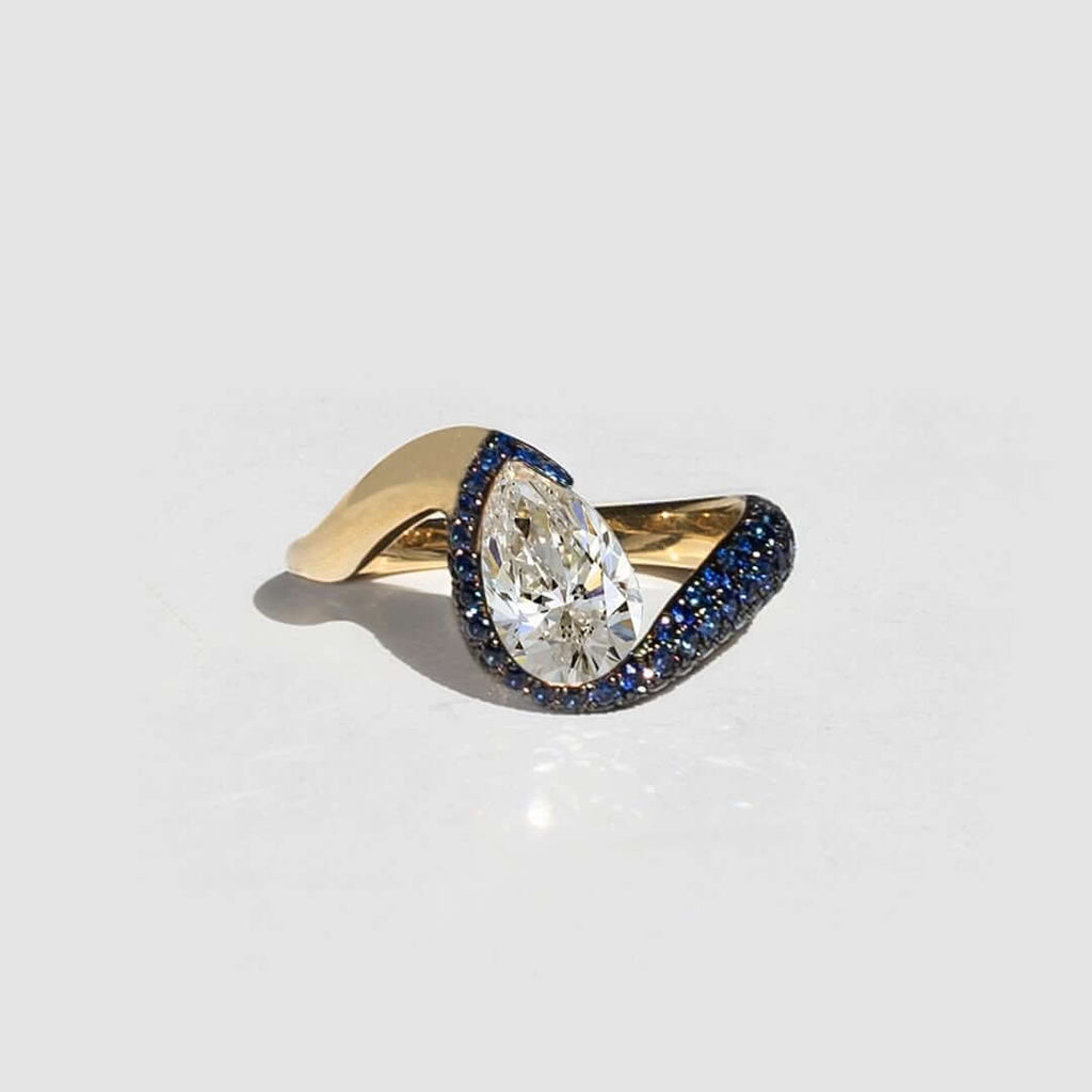 Luxury Jewelry Two Tone Unique Design Pave Setting Pear Cut White & Blue Sapphire Engagement Rings