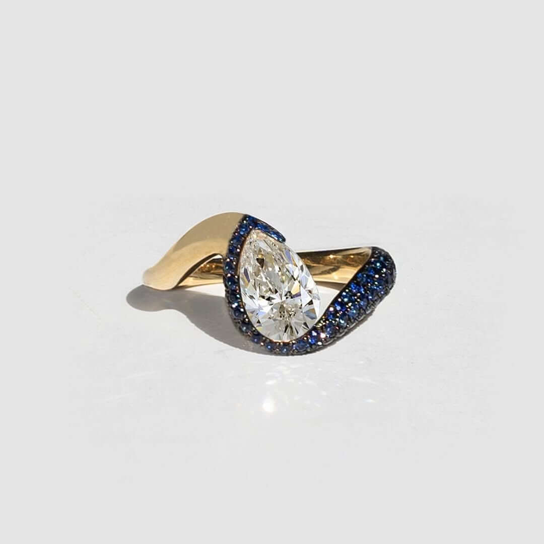 Luxury Jewelry Two Tone Unique Design Pave Setting Pear Cut White & Blue Sapphire Engagement Rings