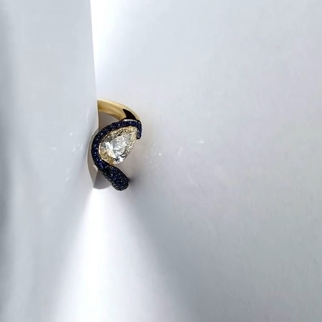 Luxury Jewelry Two Tone Unique Design Pave Setting Pear Cut White & Blue Sapphire Engagement Rings