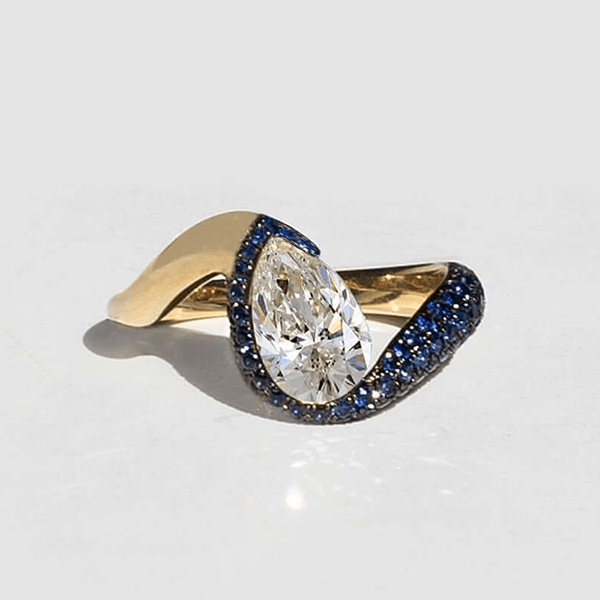 Luxury Jewelry Two Tone Unique Design Pave Setting Pear Cut White & Blue Sapphire Engagement Rings