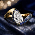 Luxury Jewelry Two Tone Unique Design Pave Setting Pear Cut White & Blue Sapphire Engagement Rings
