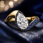 Luxury Jewelry Two Tone Unique Design Pave Setting Pear Cut White & Blue Sapphire Engagement Rings