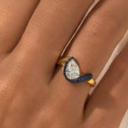 Luxury Jewelry Two Tone Unique Design Pave Setting Pear Cut White & Blue Sapphire Engagement Rings