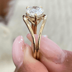 Unique Design Golden Solitaire Split Shank Pear Cut White Sapphire Engagement Rings