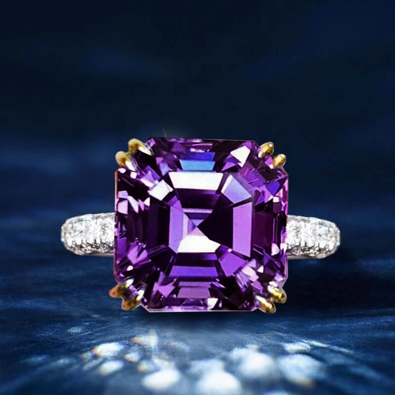 Solitaire Double Prong Two Tone Asscher Cut Amethyst Sapphire Engagement Ring