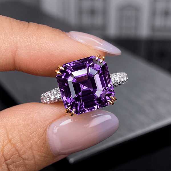 Solitaire Double Prong Two Tone Asscher Cut Amethyst Sapphire Engagement Ring