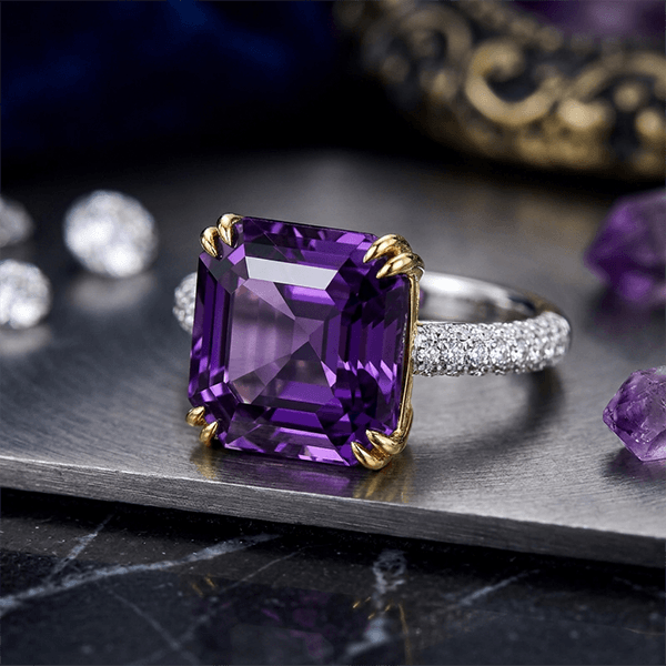 Solitaire Double Prong Two Tone Asscher Cut Amethyst Sapphire Engagement Ring