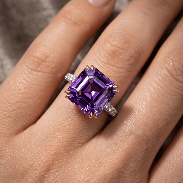 Solitaire Double Prong Two Tone Asscher Cut Amethyst Sapphire Engagement Ring