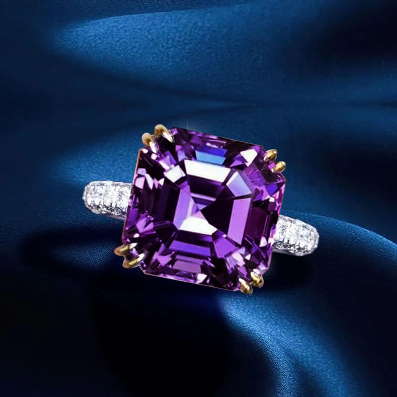 Solitaire Double Prong Two Tone Asscher Cut Amethyst Sapphire Engagement Ring