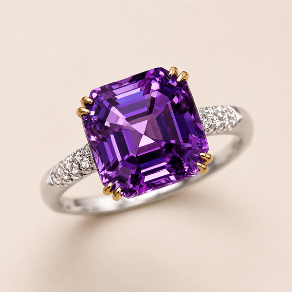 Solitaire Double Prong Two Tone Asscher Cut Amethyst Sapphire Engagement Ring