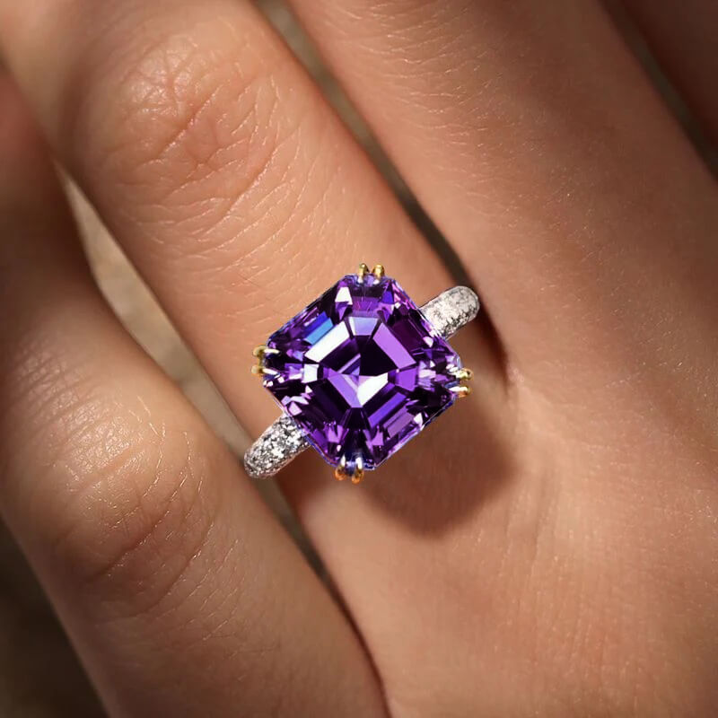 Solitaire Double Prong Two Tone Asscher Cut Amethyst Sapphire Engagement Ring