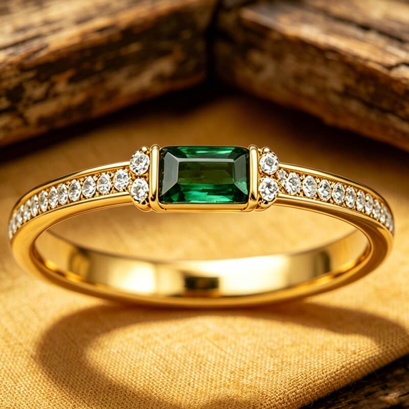 Classic Golden Baguette Cut Emerald & White Sapphire Engagement Ring